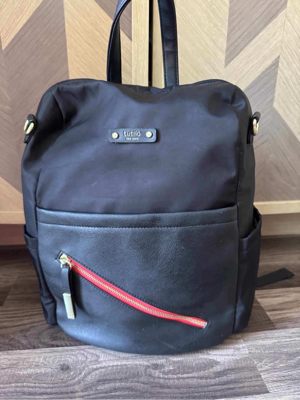 Tutilo Black Nylon & vegan leather Backpack with Red Zip Accent
